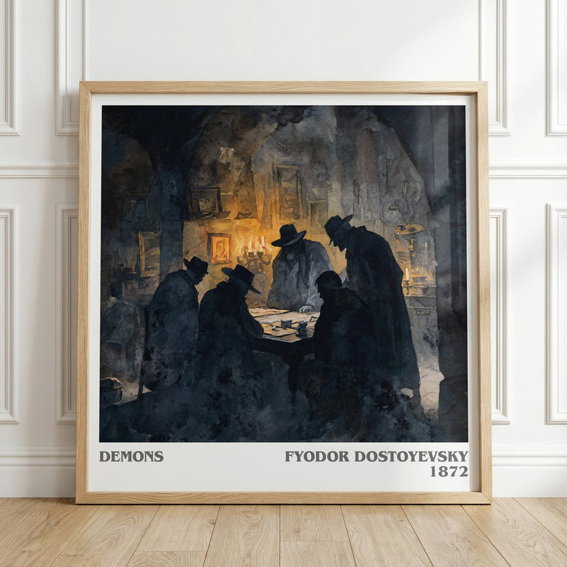 Demons literary print in frame leaning in hallway – classic literature wall art