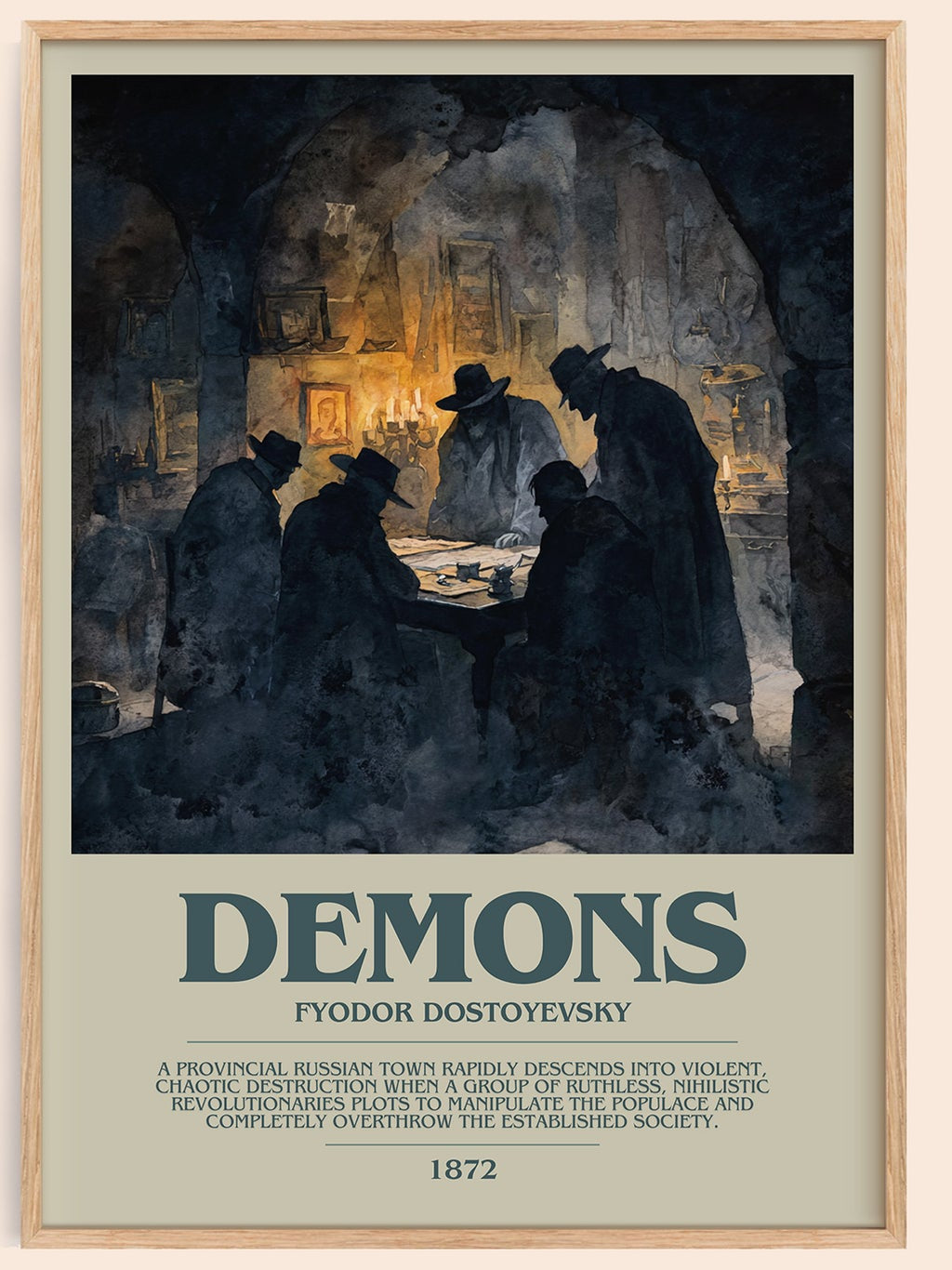 Demons bookish book poster by Fyodor Dostoevsky – framed literary art print
