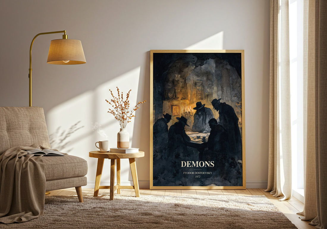 Demons watercolour print in frame leaning in hallway – classic literature wall art (mockup)