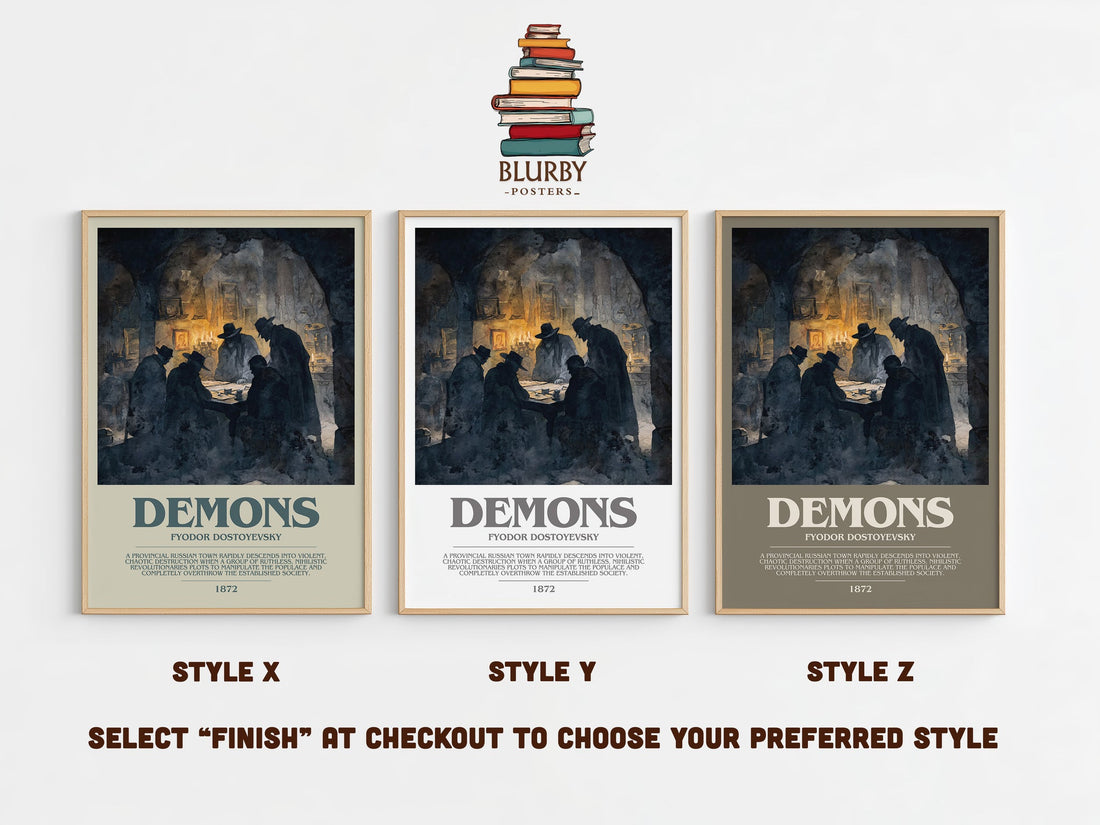 Demons bookish print in frame leaning in hallway – classic literature wall art (mockup)