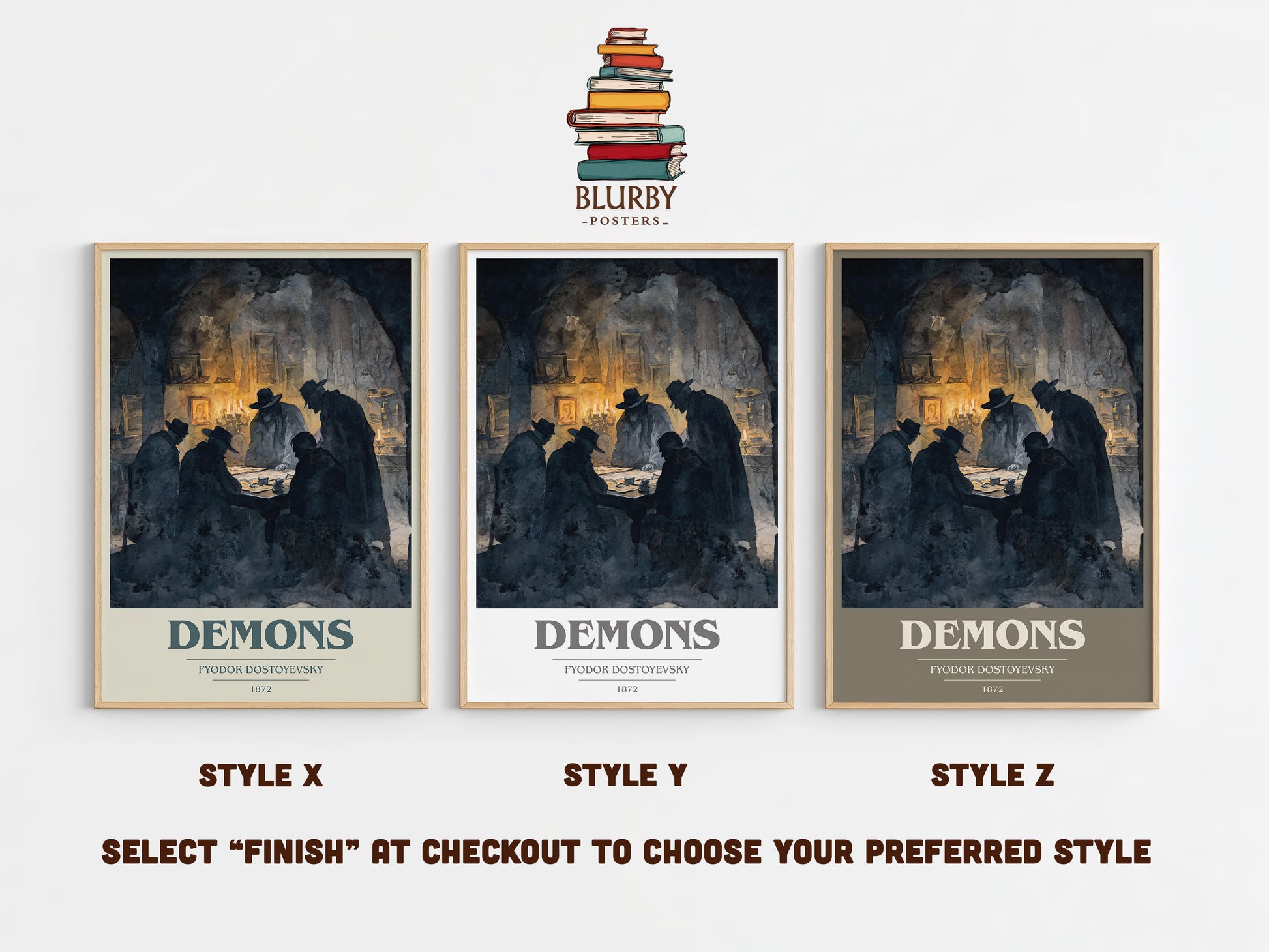 Demons book cover print in frame leaning in hallway – classic literature wall art