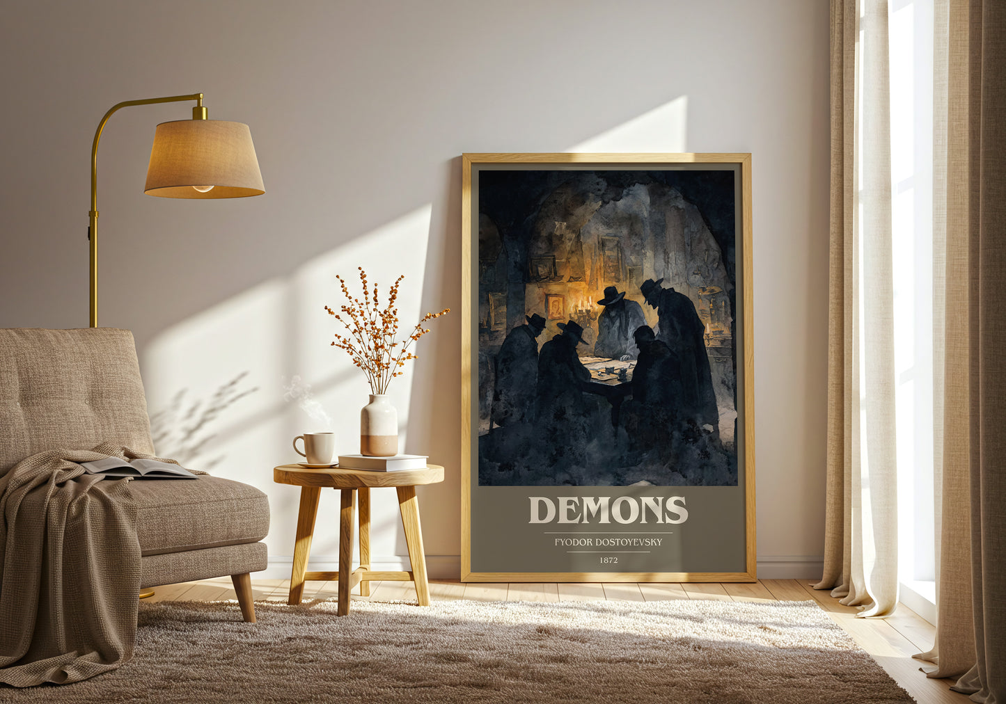 Demons book cover print framed by window – literary home decor