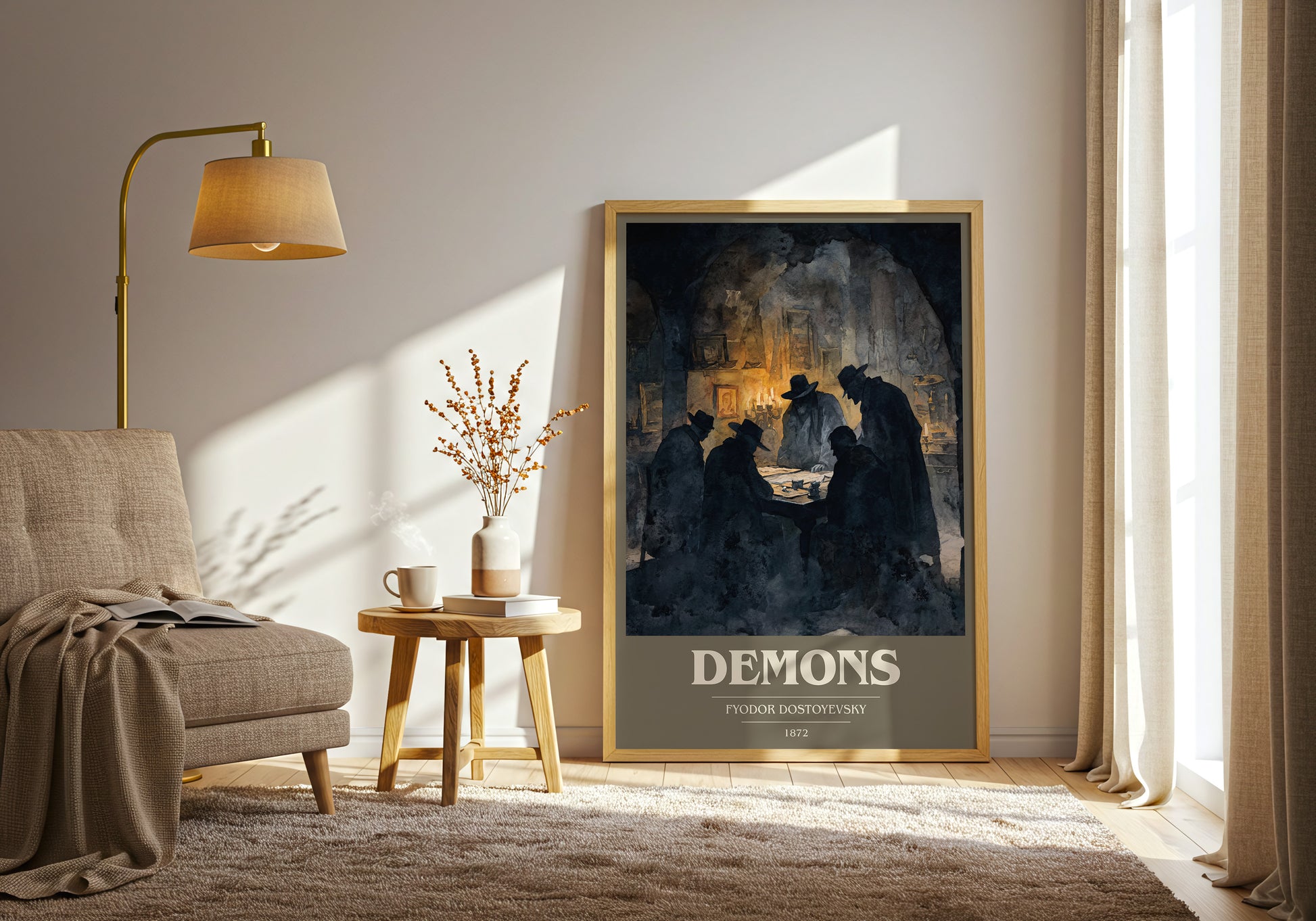 Demons book cover print framed by window – literary home decor