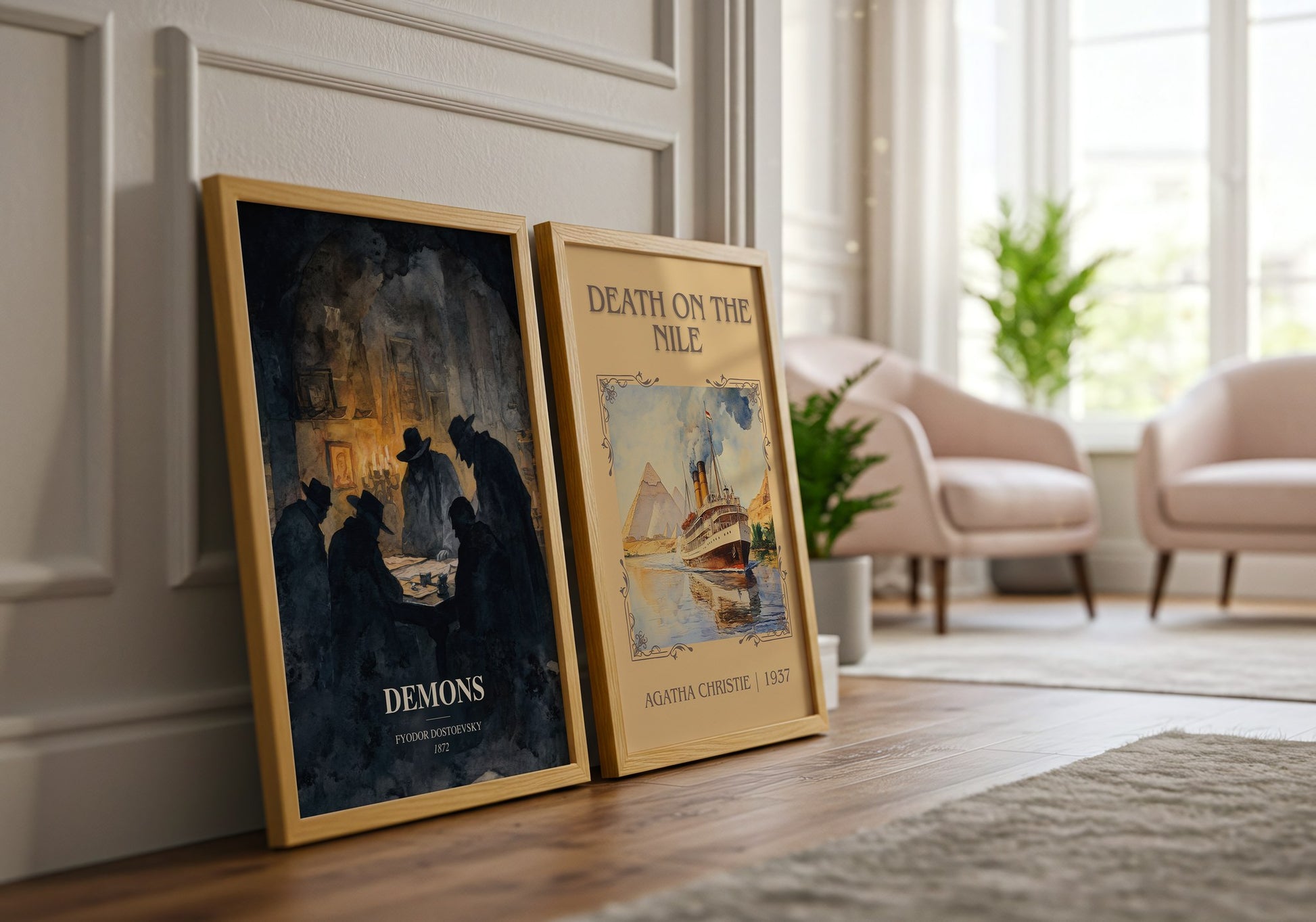 Demons watercolour print framed by window – literary home decor