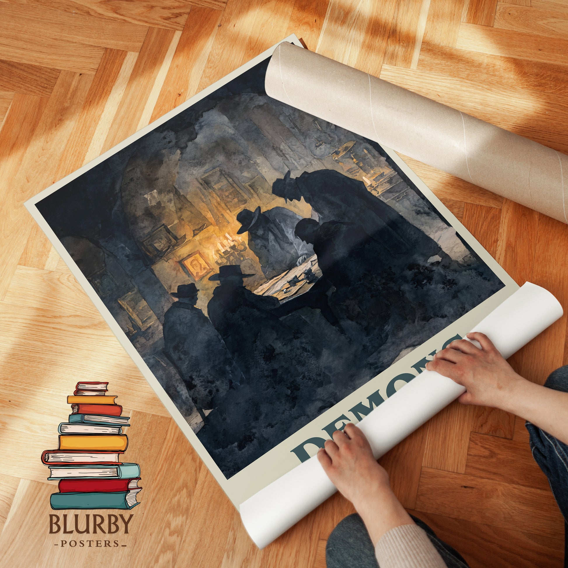 Demons book cover print on bookshelf – Fyodor Dostoevsky fan gift