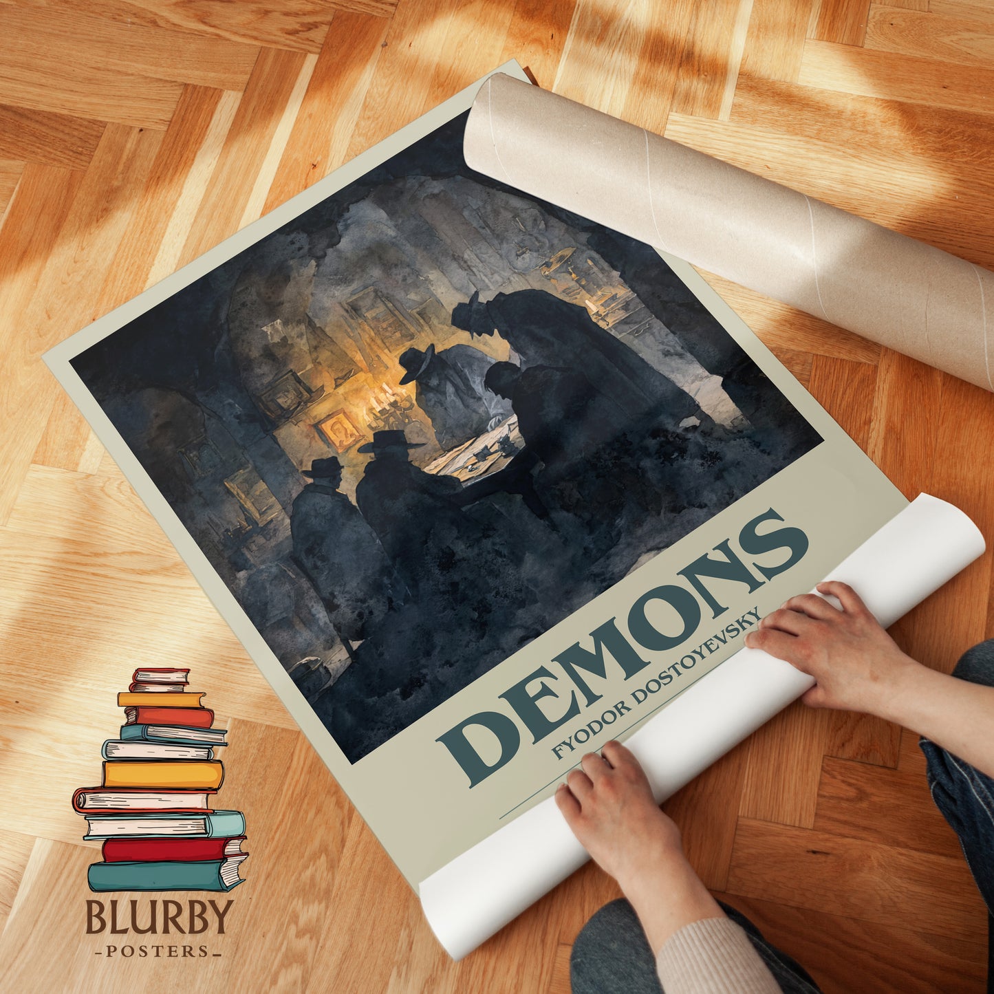 Demons bookish print on bookshelf – Fyodor Dostoevsky fan gift