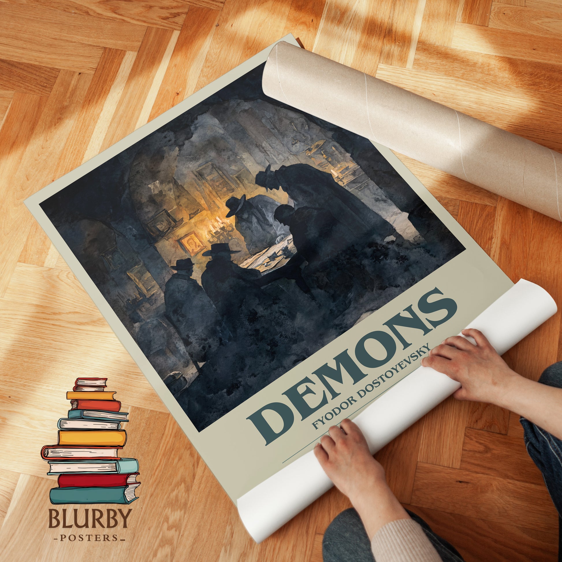 Demons bookish print on bookshelf – Fyodor Dostoevsky fan gift