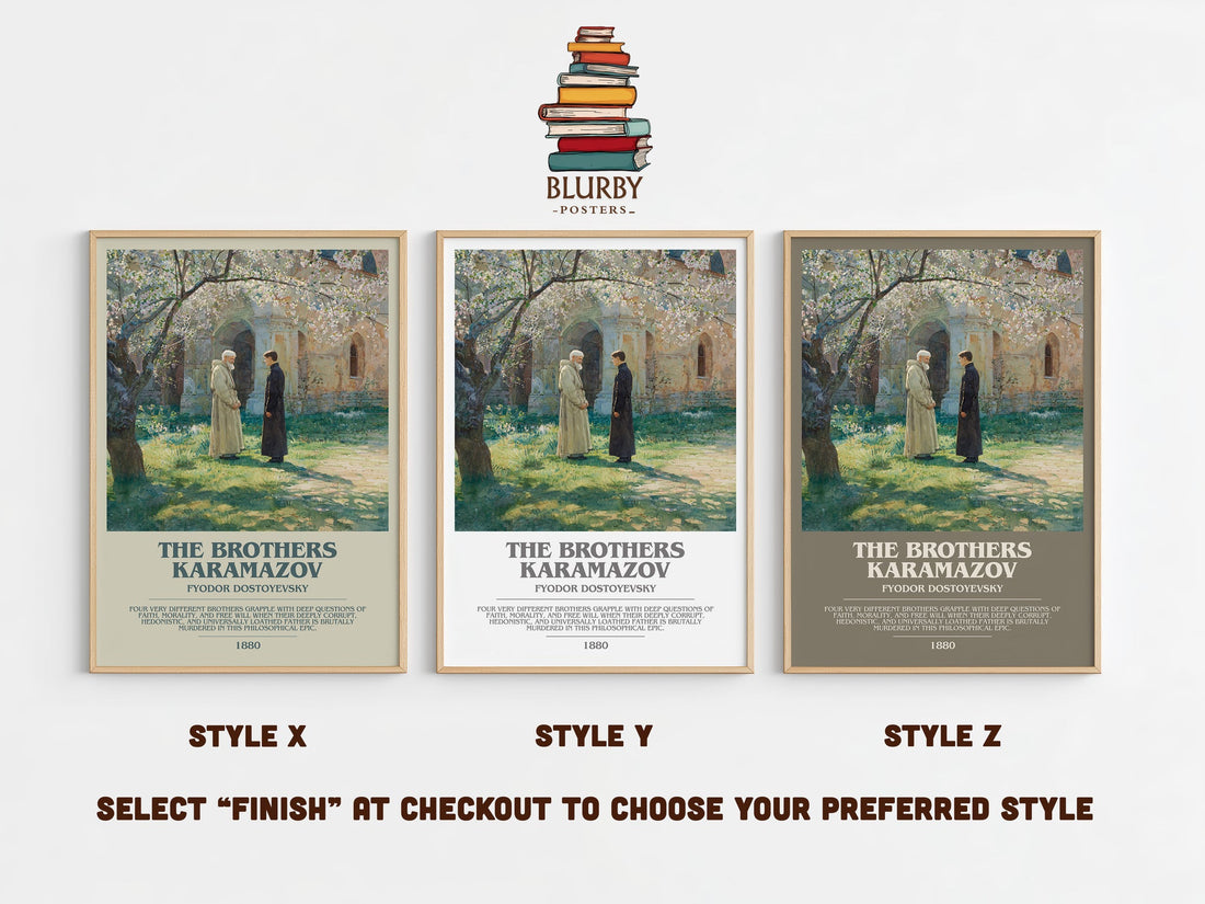 The Brothers Karamazov bookish print in frame leaning in hallway – classic literature wall art (mockup)