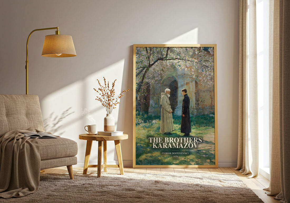 The Brothers Karamazov watercolour print in frame leaning in hallway – classic literature wall art (mockup)
