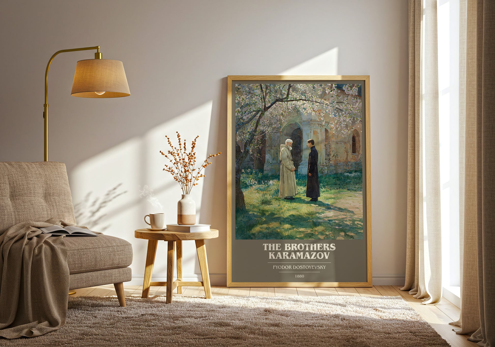 The Brothers Karamazov book cover print framed by window – literary home decor