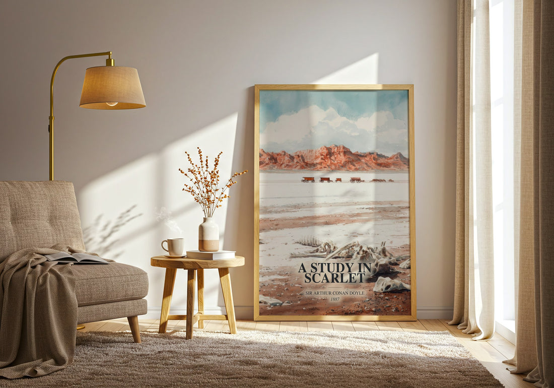A Study In Scarlet watercolour print in frame leaning in hallway – mystery wall art (mockup)