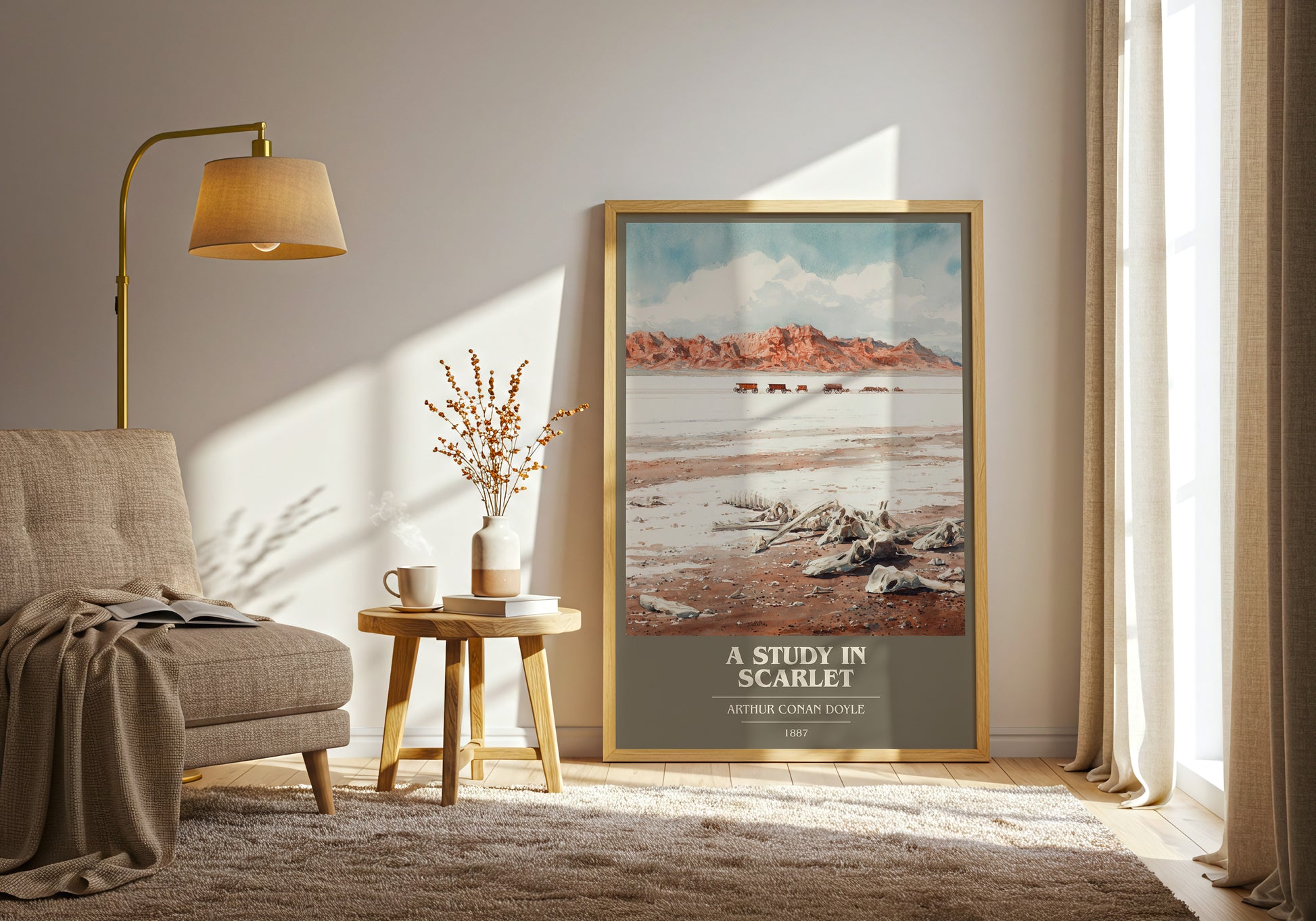 A Study in Scarlet book cover print framed by window – literary home decor