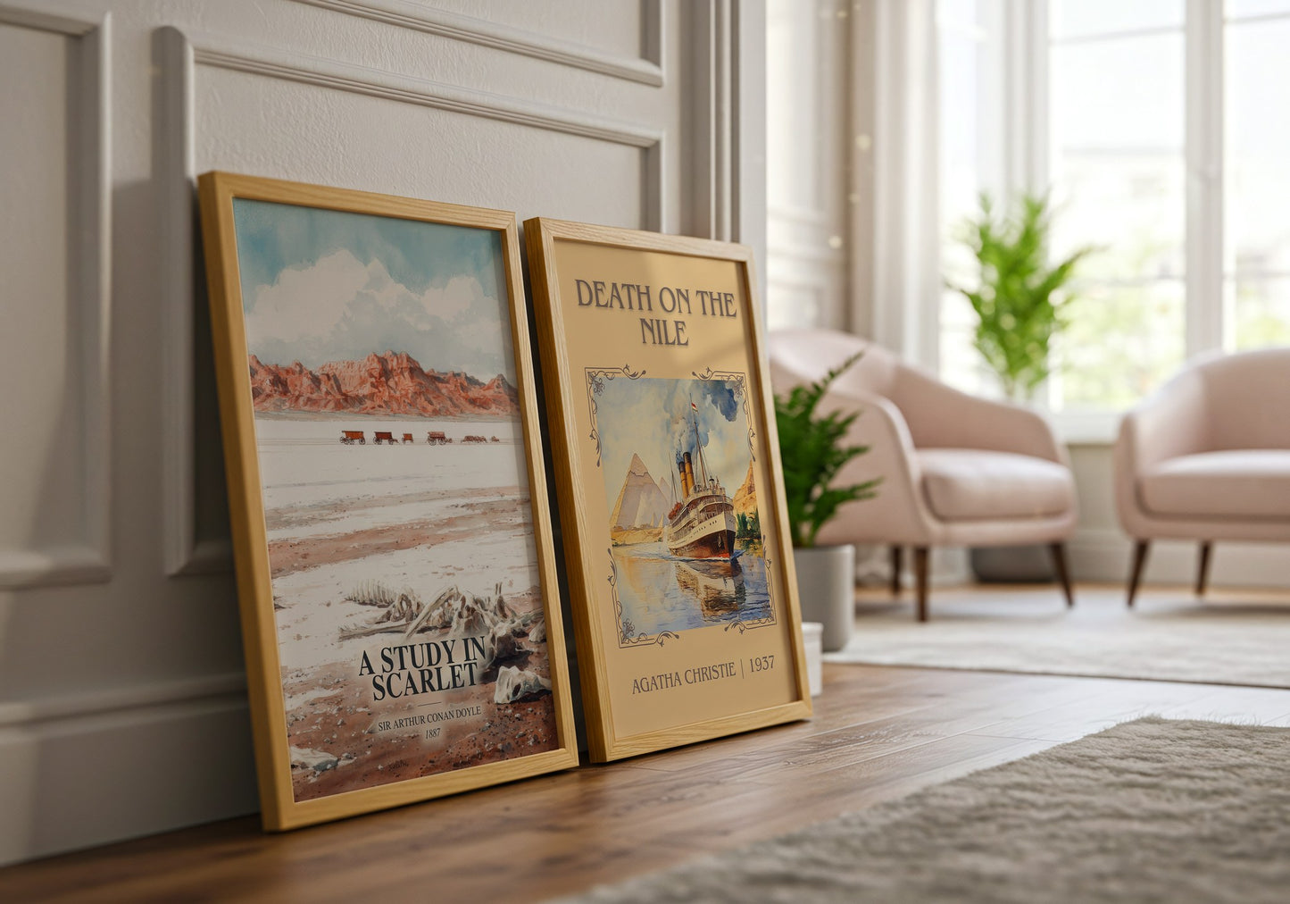 A Study In Scarlet watercolour print framed by window – literary home decor
