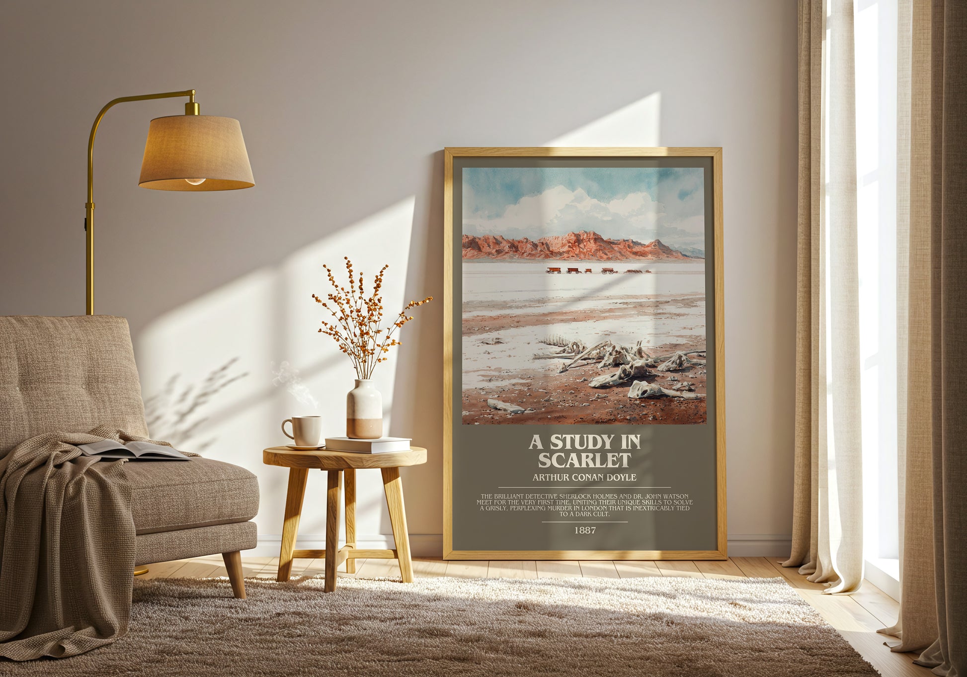 A Study in Scarlet bookish print framed by window – literary home decor