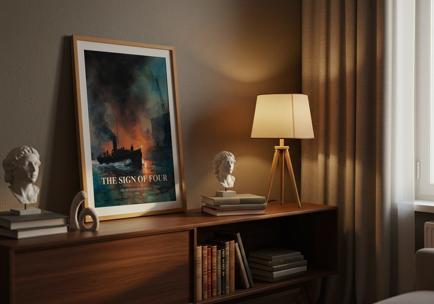The Sign Of Four watercolour print on bookshelf – Sir Arthur Conan Doyle fan gift
