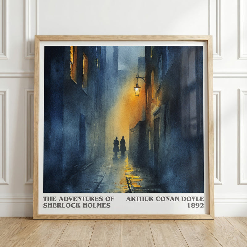 The Adventures of Sherlock Holmes literary print in frame leaning in hallway – mystery wall art
