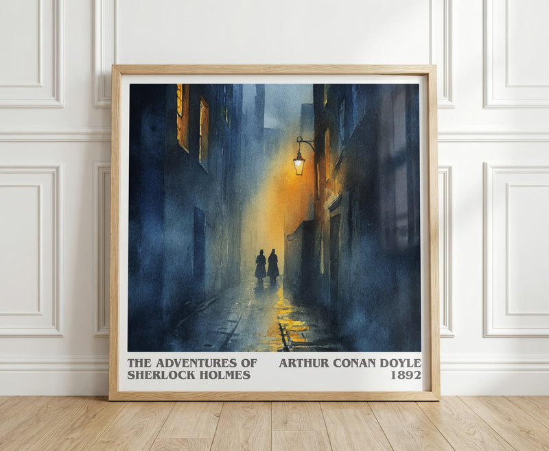 The Adventures of Sherlock Holmes literary print in frame leaning in hallway – mystery wall art