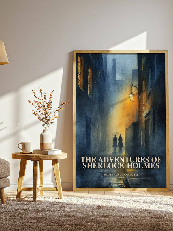 The Adventures Of Sherlock Holmes watercolour print in frame leaning in hallway – mystery wall art
