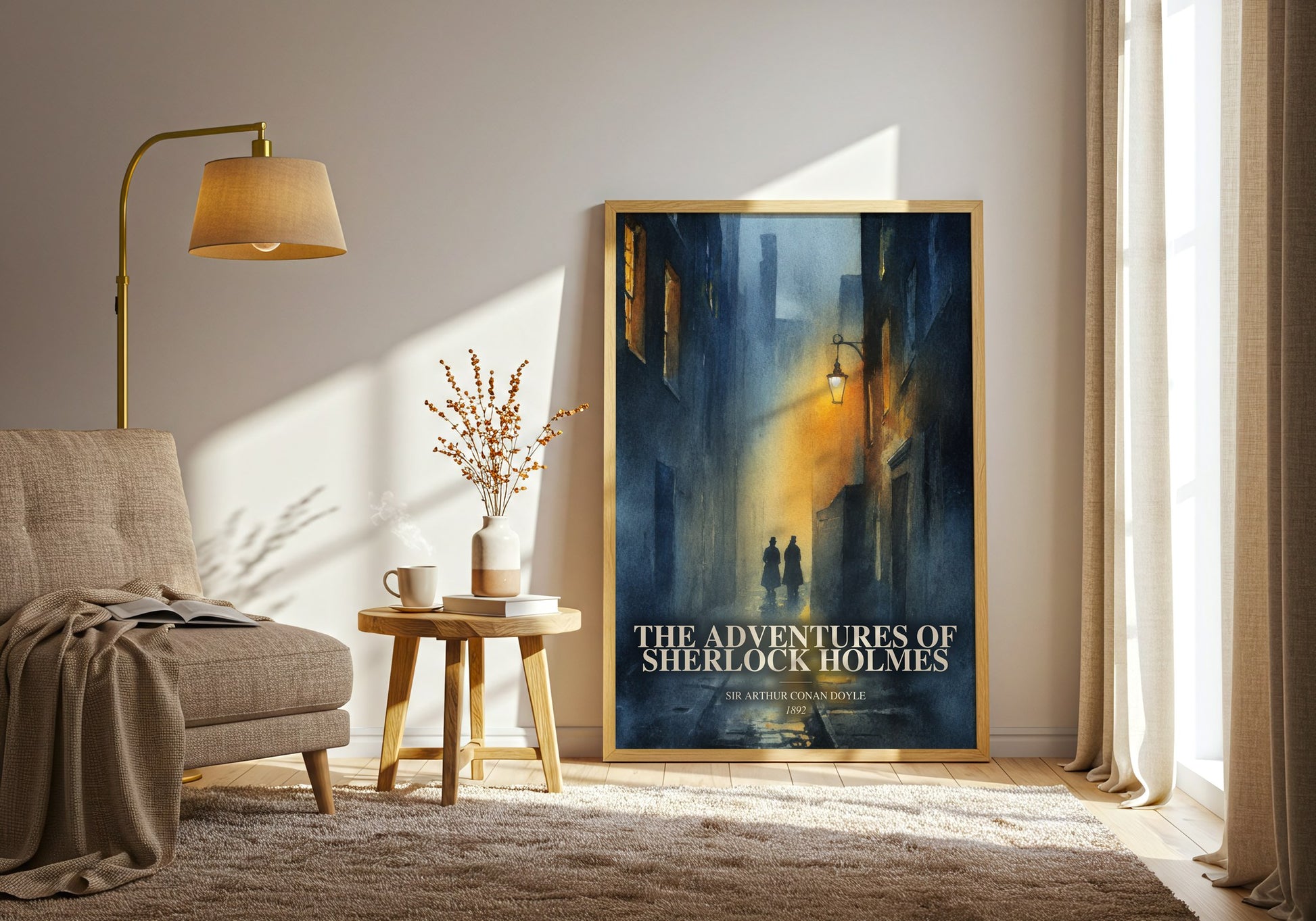 The Adventures Of Sherlock Holmes watercolour print in frame leaning in hallway – mystery wall art