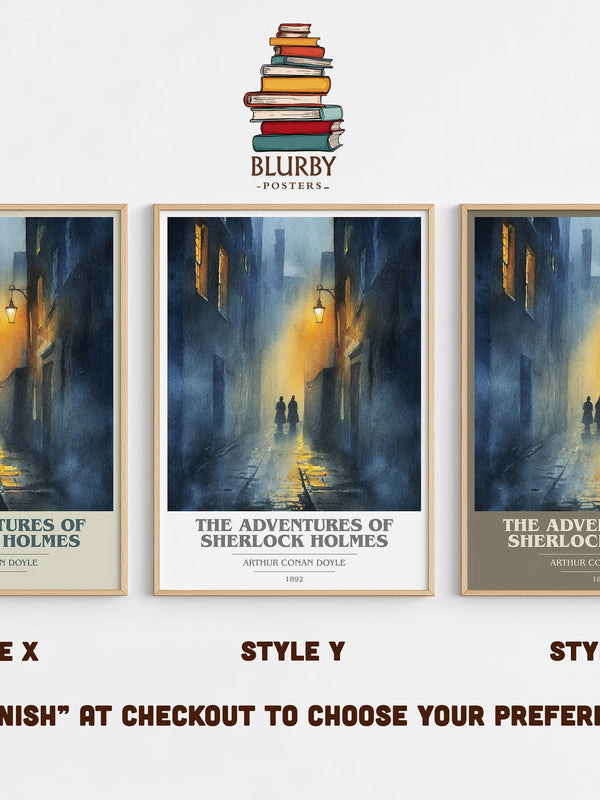 The Adventures of Sherlock Holmes book cover print in frame leaning in hallway – mystery wall art