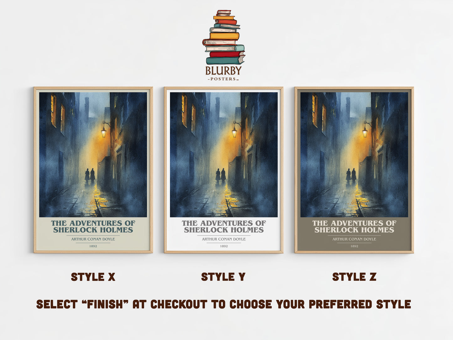 The Adventures of Sherlock Holmes book cover print in frame leaning in hallway – mystery wall art