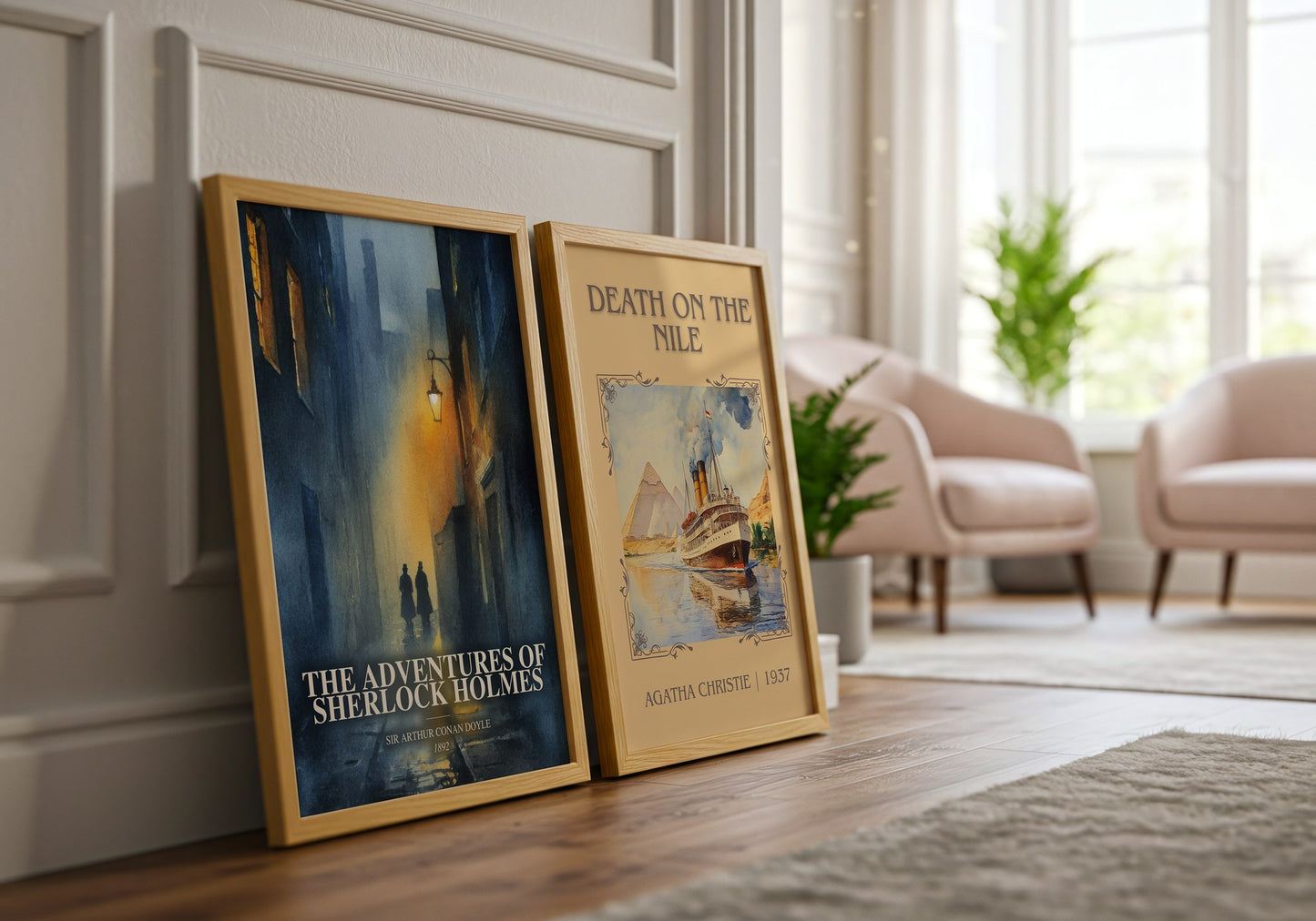 The Adventures Of Sherlock Holmes watercolour print framed by window – literary home decor