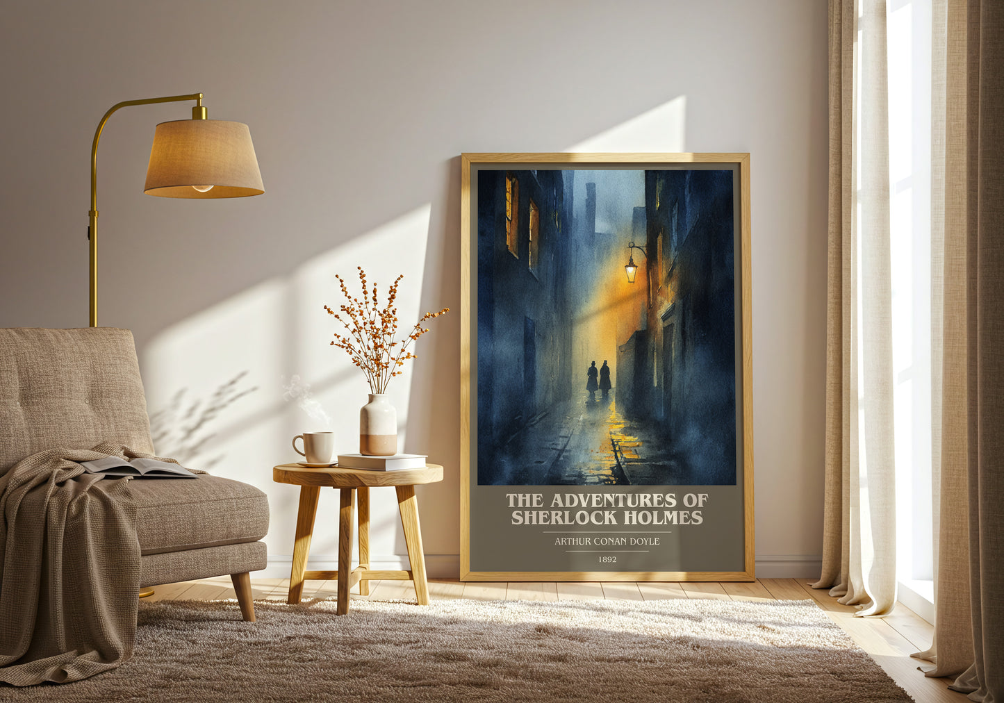 The Adventures of Sherlock Holmes book cover print framed by window – literary home decor