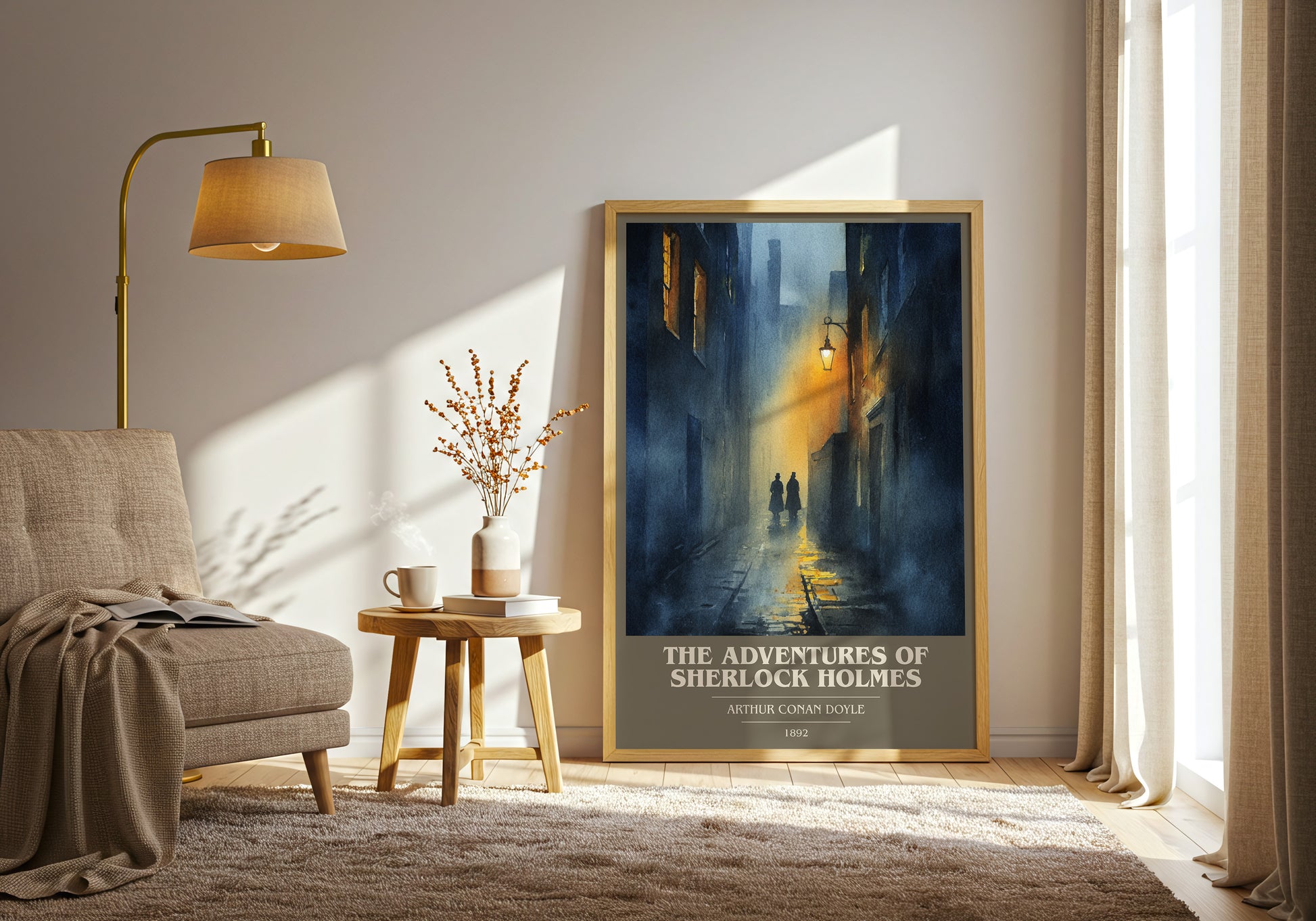 The Adventures of Sherlock Holmes book cover print framed by window – literary home decor