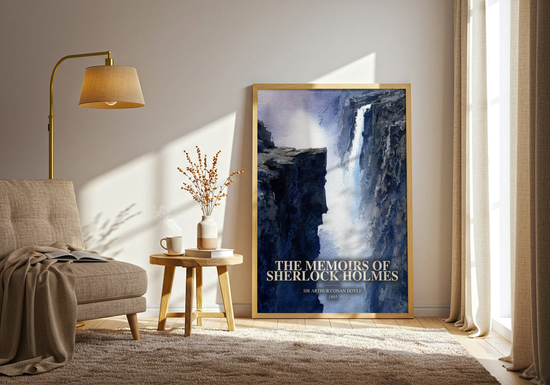 The Memoirs Of Sherlock Holmes watercolour print in frame leaning in hallway – mystery wall art (mockup)