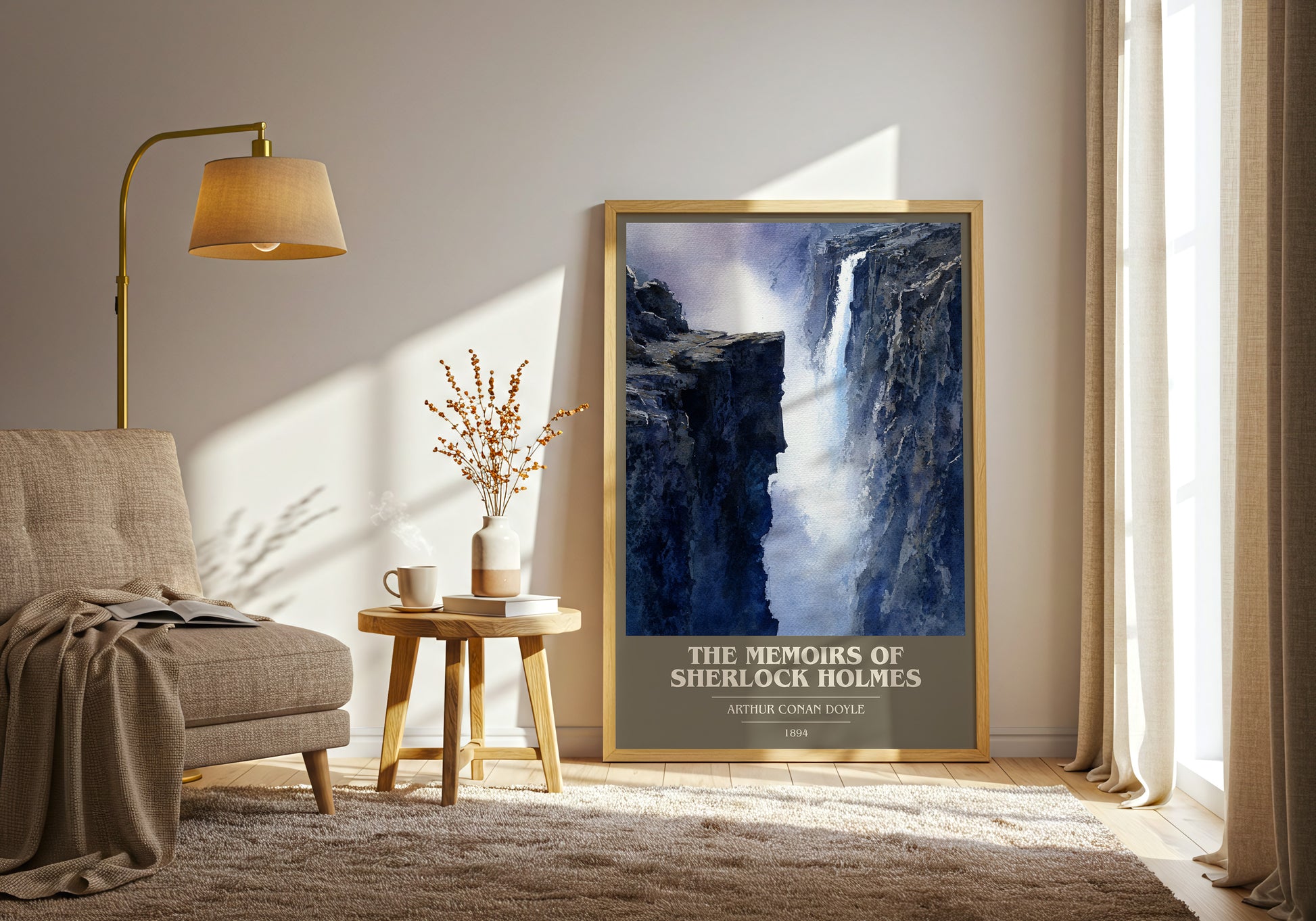 The Memoirs of Sherlock Holmes book cover print framed by window – literary home decor
