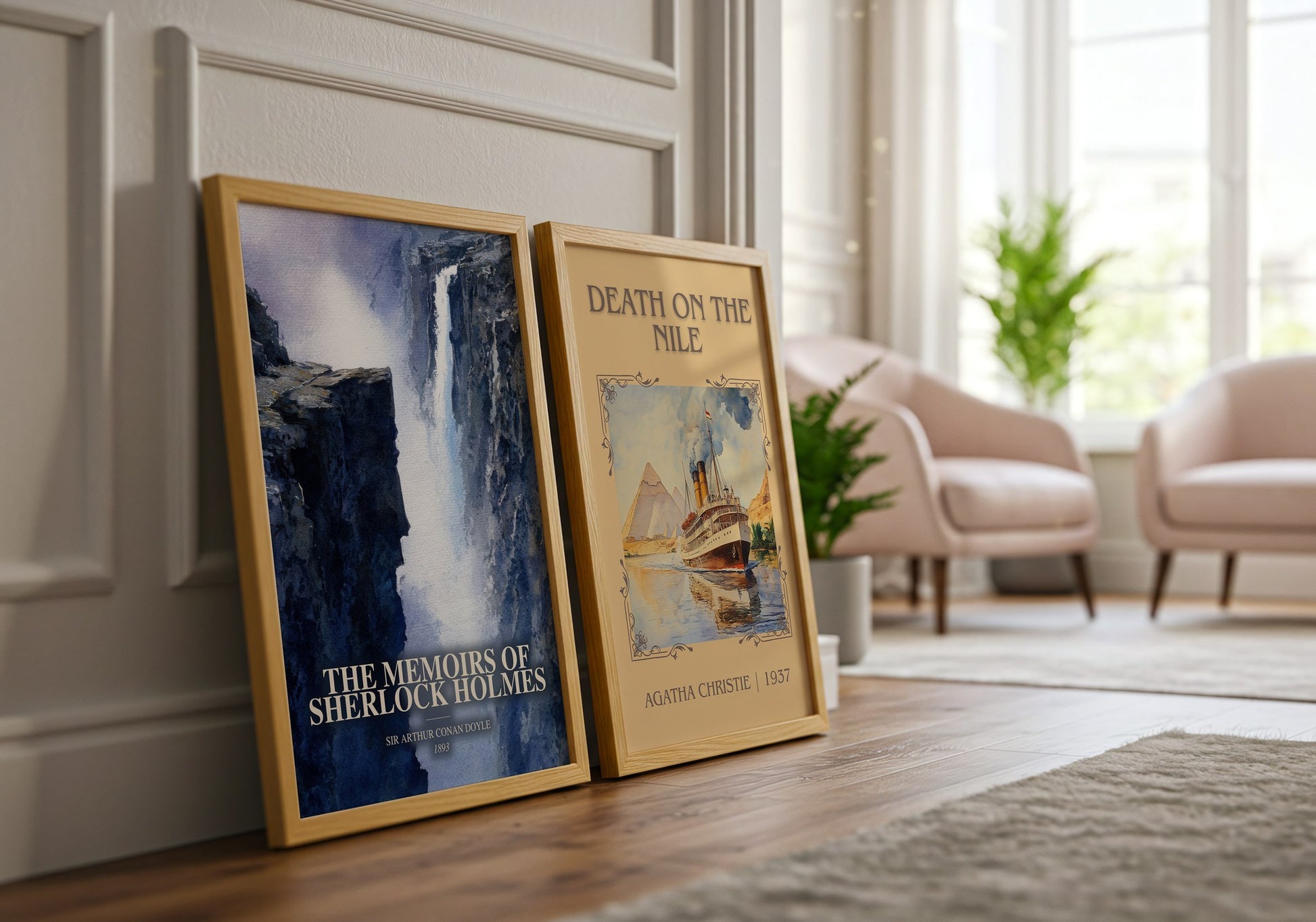 The Memoirs Of Sherlock Holmes watercolour print framed by window – literary home decor