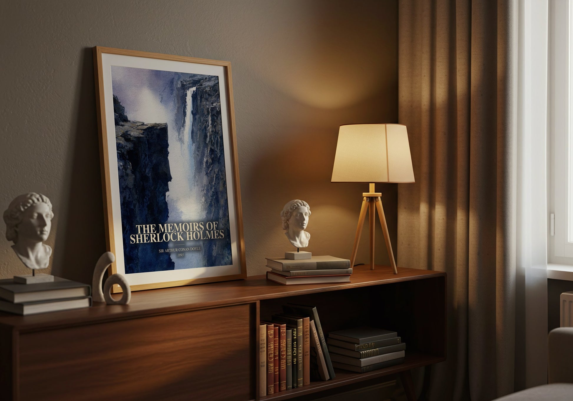 The Memoirs Of Sherlock Holmes watercolour print on bookshelf – Sir Arthur Conan Doyle fan gift