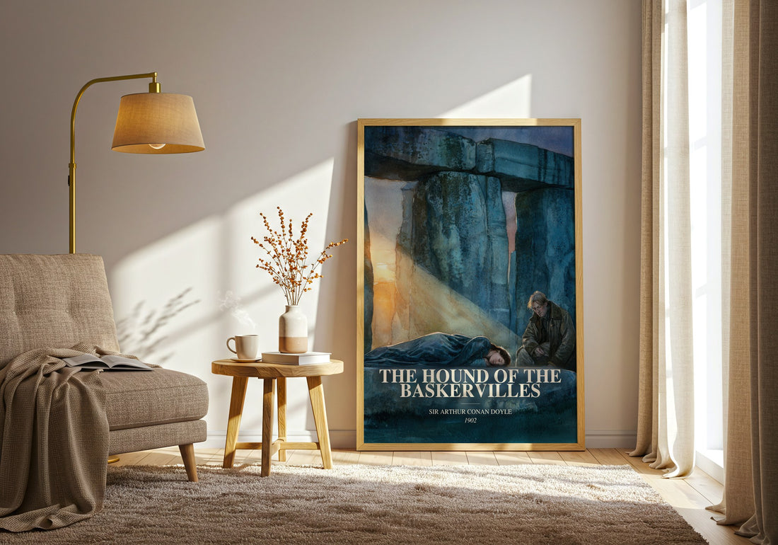 The Hound Of The Baskervilles watercolour print in frame leaning in hallway – mystery wall art (mockup)