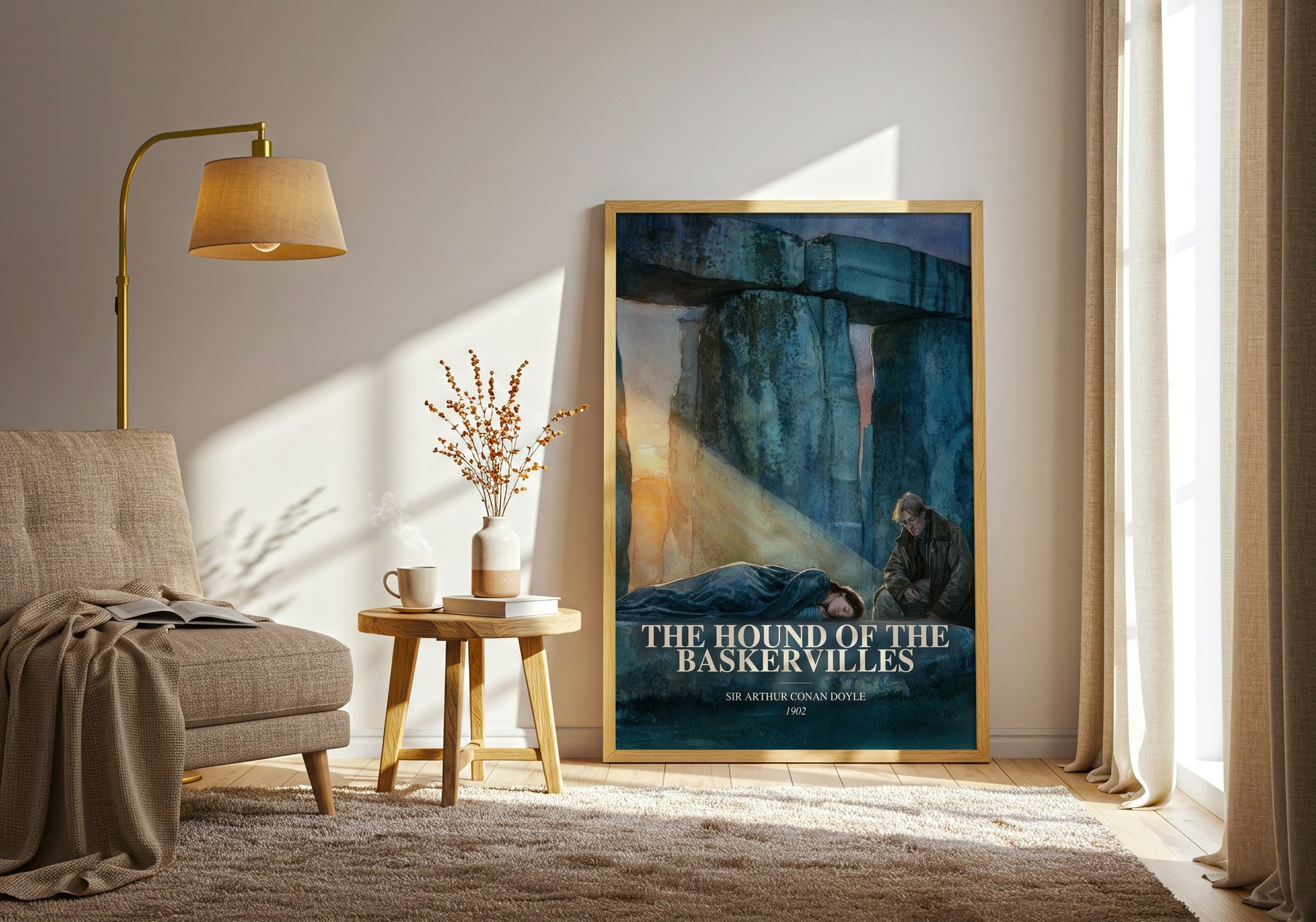 The Hound Of The Baskervilles watercolour print in frame leaning in hallway – mystery wall art