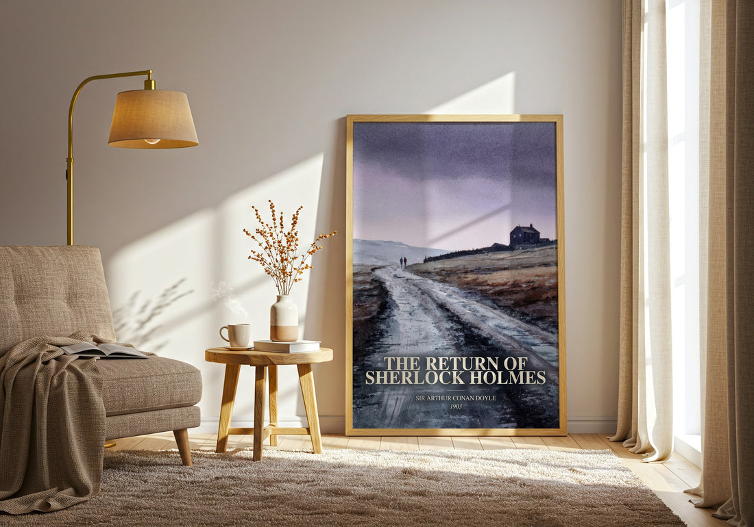 The Return Of Sherlock Holmes watercolour print in frame leaning in hallway – mystery wall art (mockup)