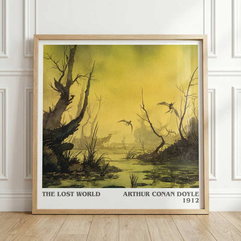 The Lost World literary print in frame leaning in hallway – adventure wall art
