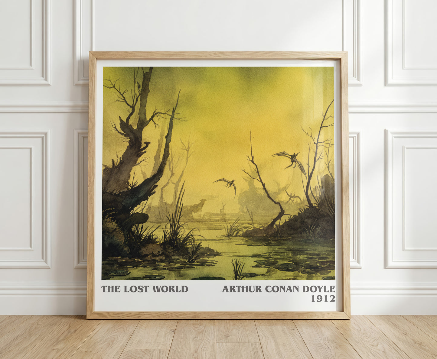 The Lost World literary print in frame leaning in hallway – adventure wall art