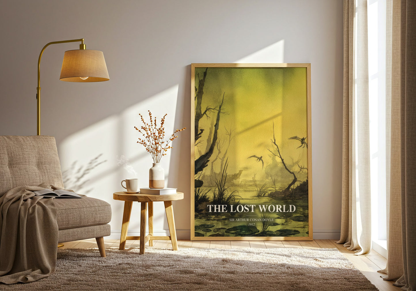 The Lost World watercolour print in frame leaning in hallway – adventure wall art