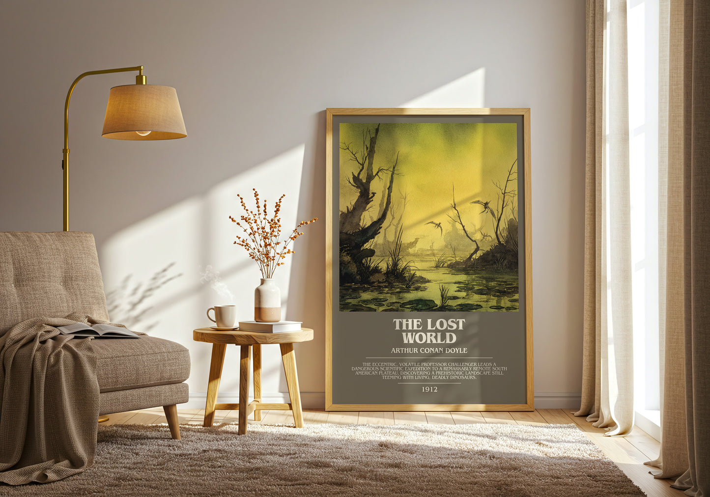 The Lost World bookish print framed by window – literary home decor