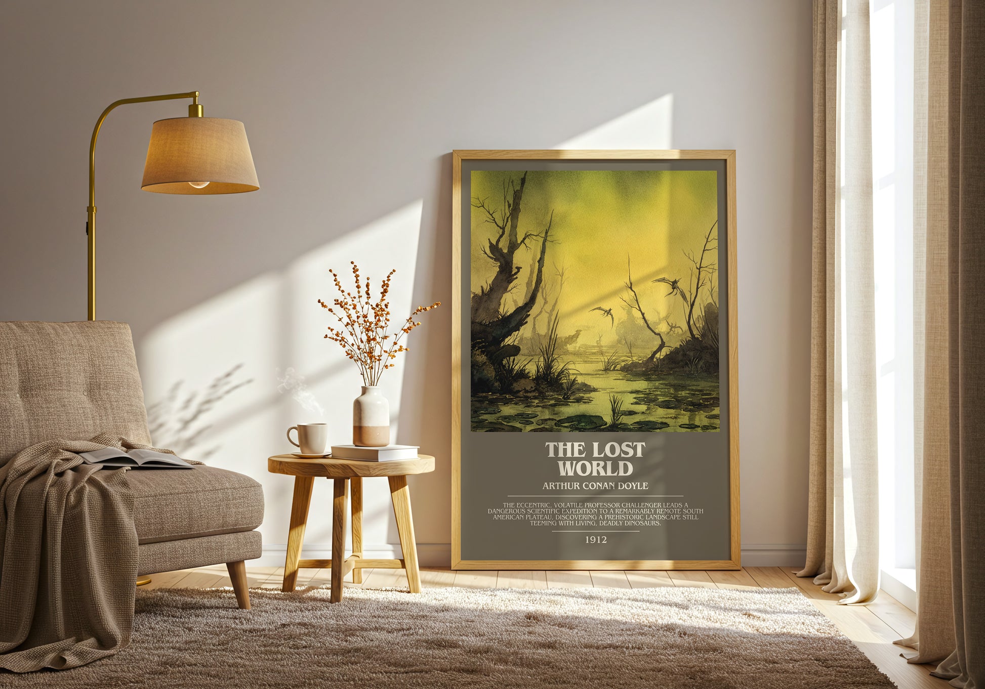 The Lost World bookish print framed by window – literary home decor