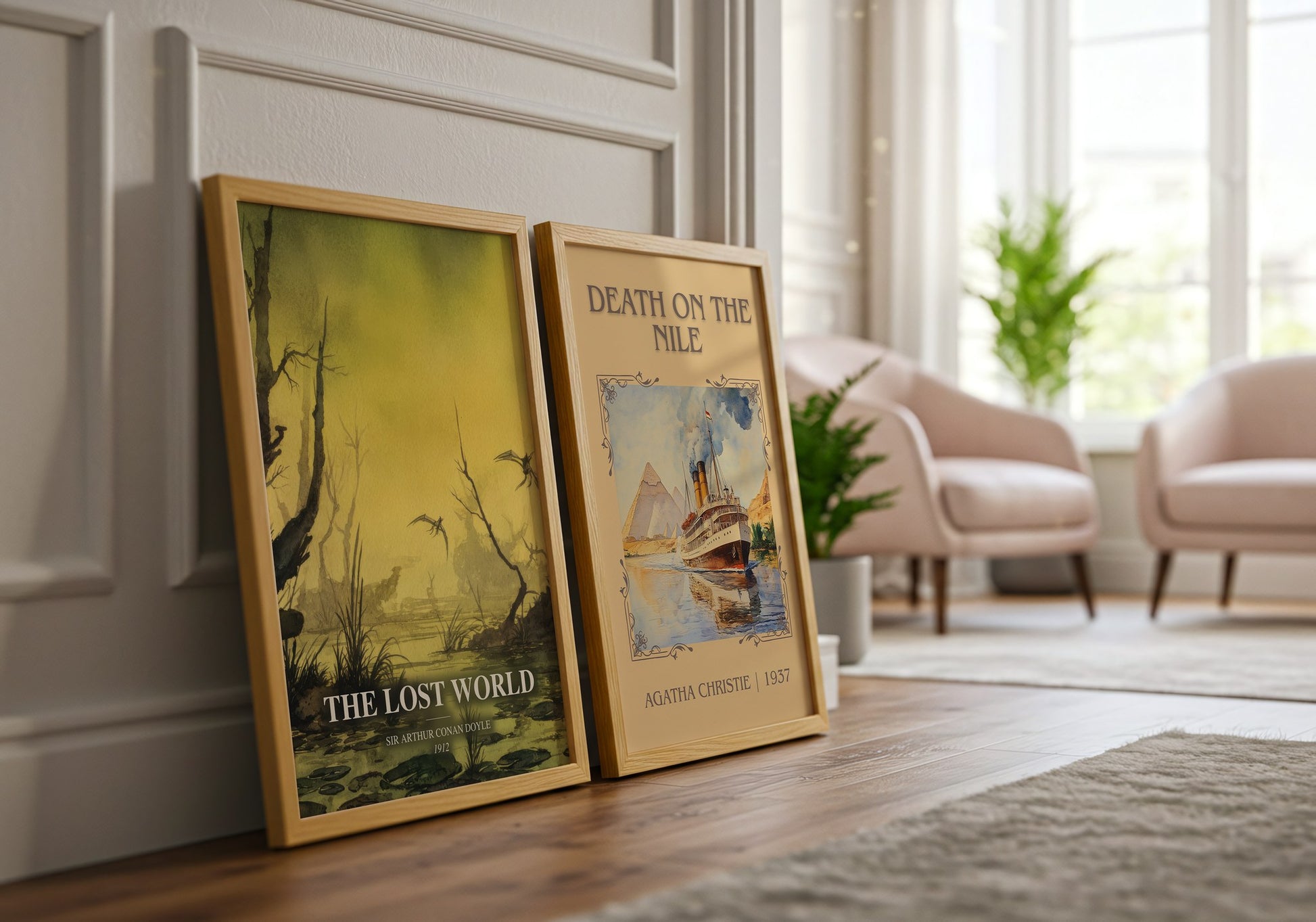 The Lost World watercolour print framed by window – literary home decor
