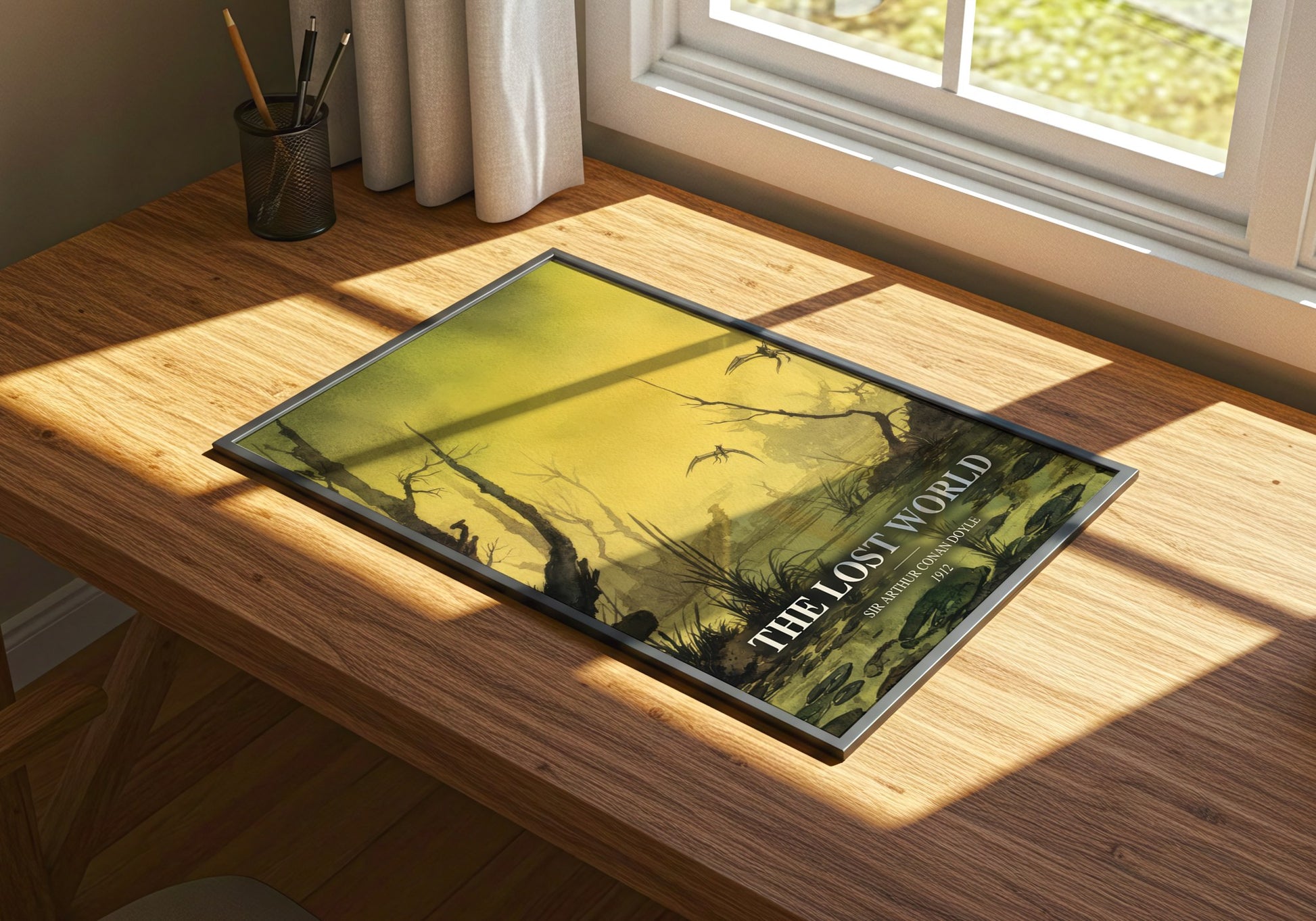 The Lost World watercolour book poster framed on wall – adventure wall art