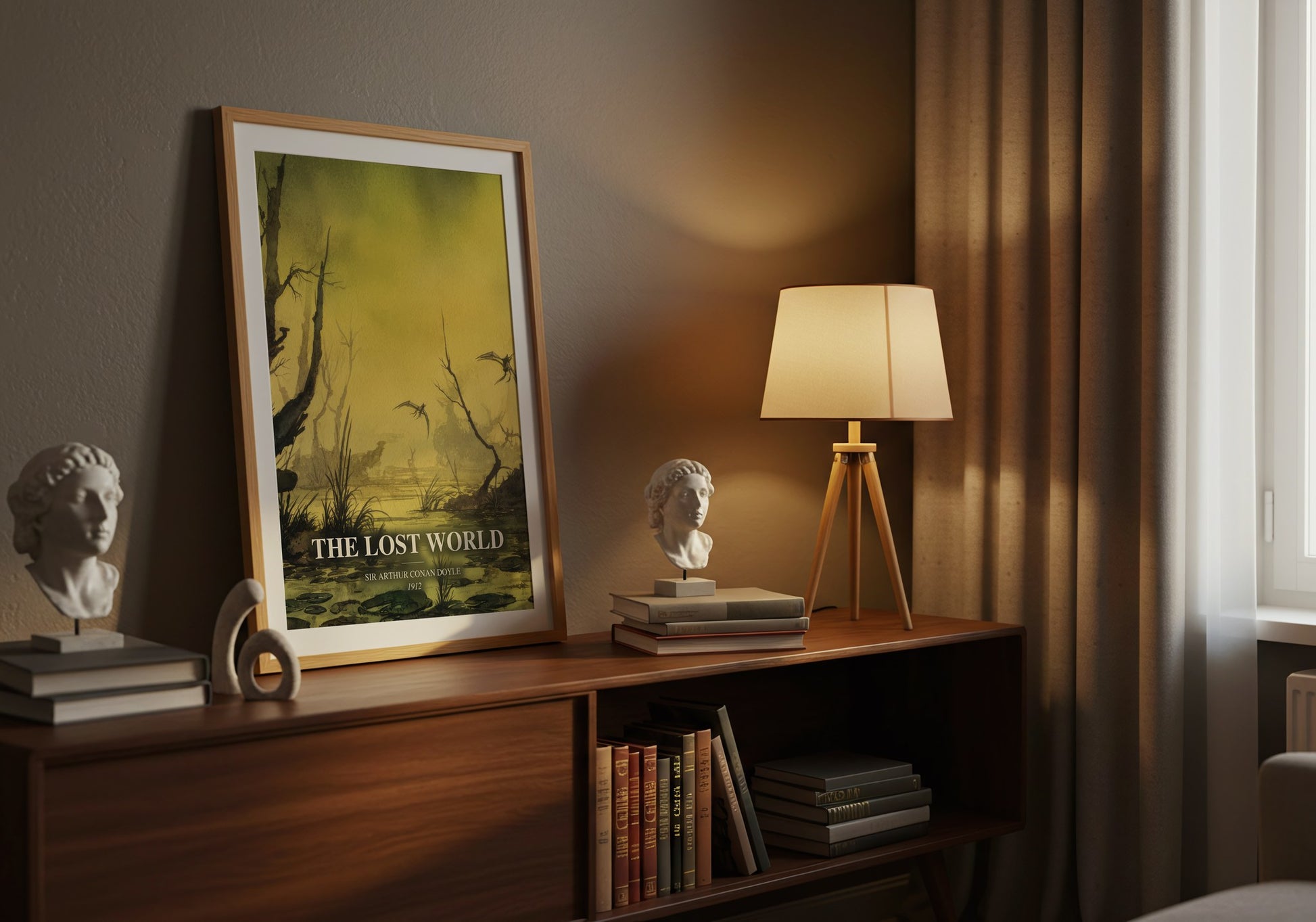 The Lost World watercolour print on bookshelf – Sir Arthur Conan Doyle fan gift