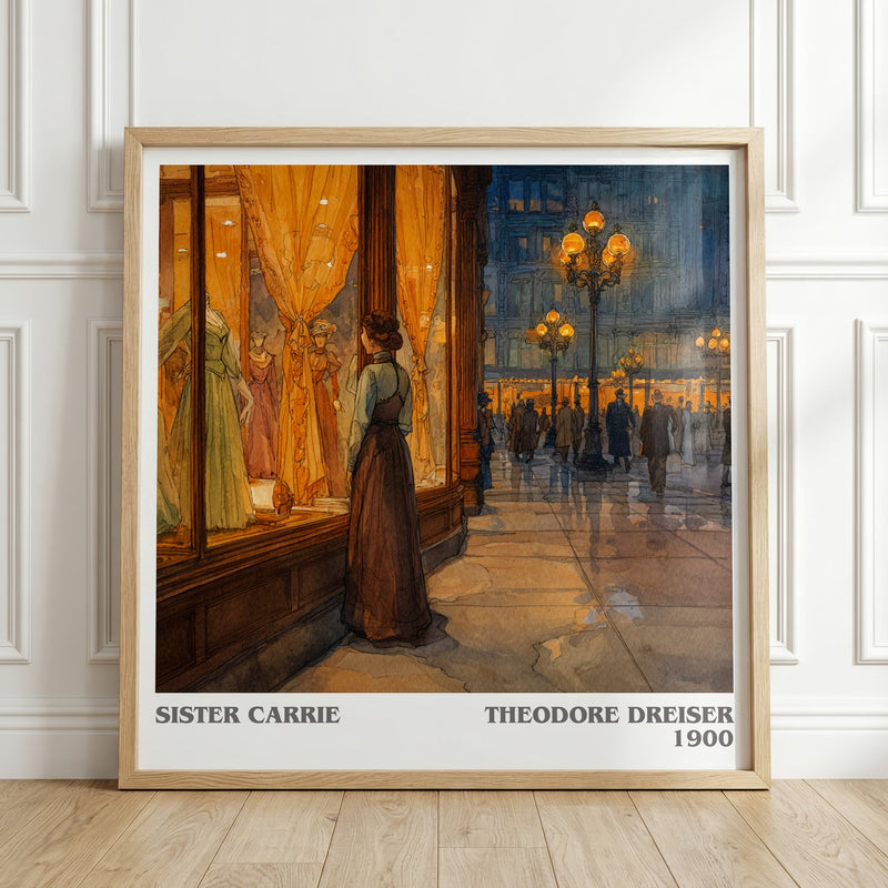 Sister Carrie literary print in frame leaning in hallway – classic literature wall art