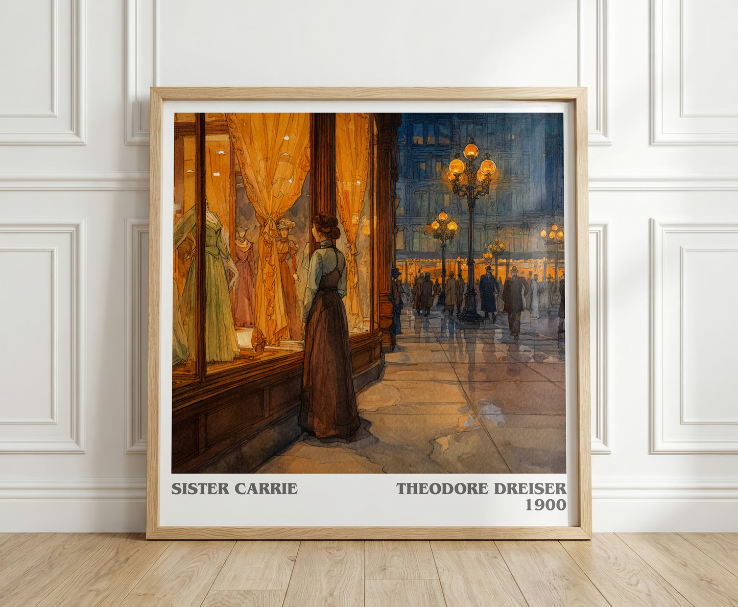 Sister Carrie literary print in frame leaning in hallway – classic literature wall art