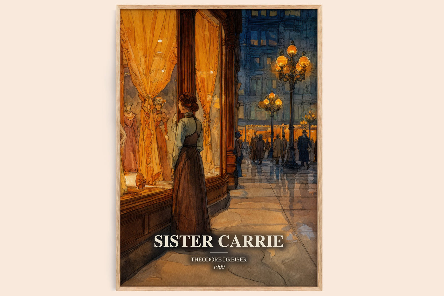 Sister Carrie watercolour book poster by Theodore Dreiser – framed literary art print