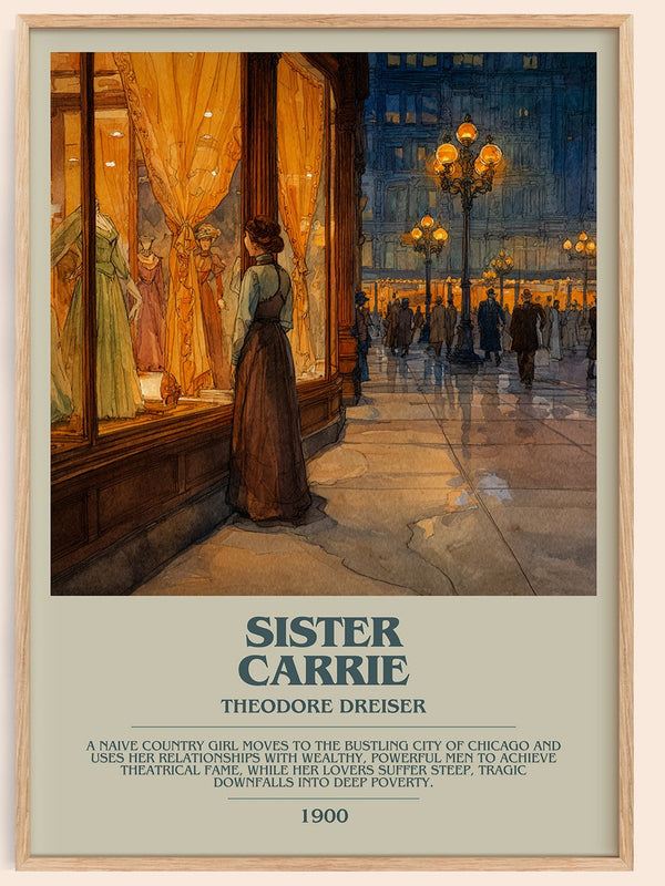 Sister Carrie bookish book poster by Theodore Dreiser – framed literary art print