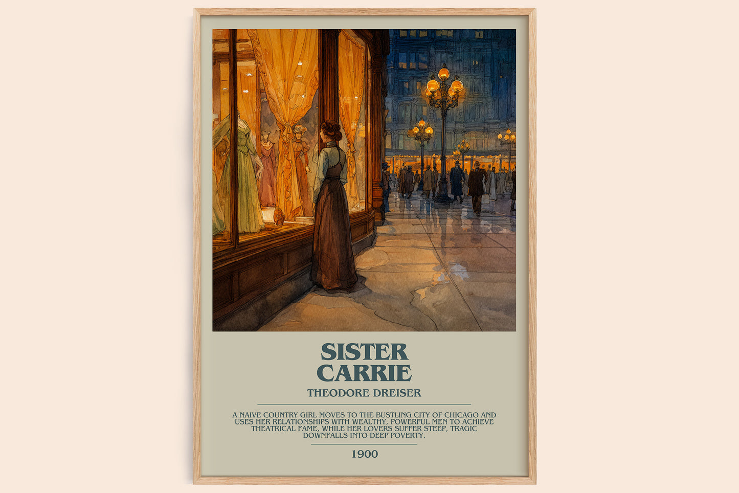 Sister Carrie bookish book poster by Theodore Dreiser – framed literary art print