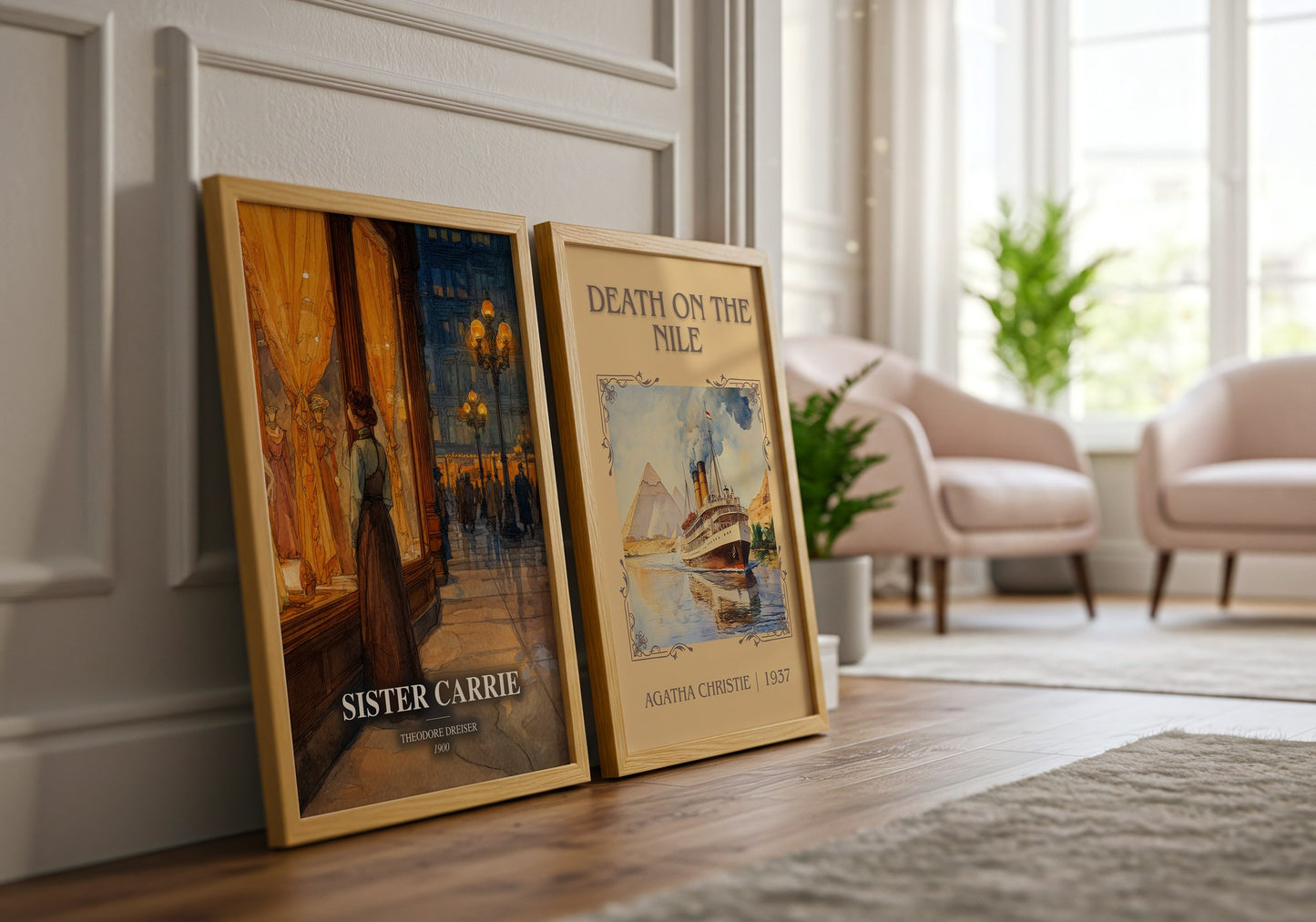 Sister Carrie watercolour print framed by window – literary home decor