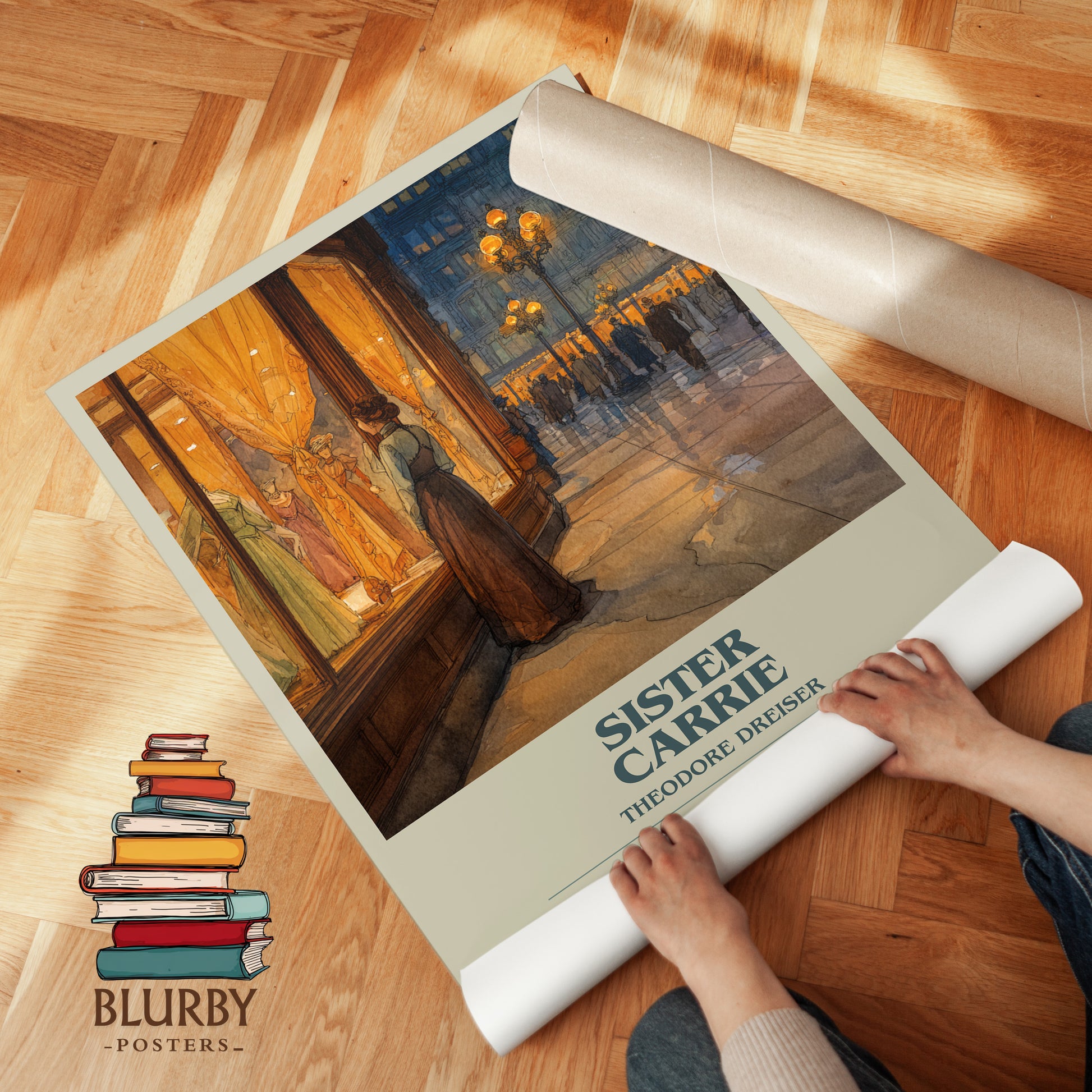 Sister Carrie bookish print on bookshelf – Theodore Dreiser fan gift